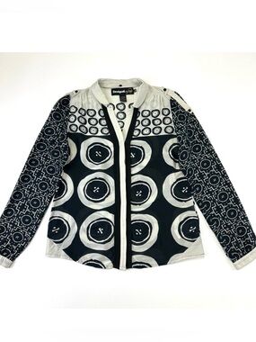 Desigual Silk Blend Blouse M Black White Geometric Print Button Tab Sleeve Top